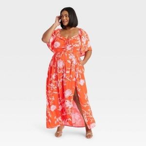 Ava & Viv orange floral flutter sleeve maxi dress